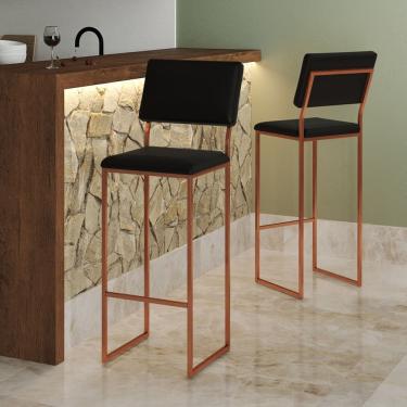 Imagem de Banqueta Alta Encosto Nina Industrial Moderna para Cozinha Bar Bancada Assento Corino - Cobre/preto