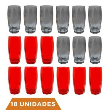 Imagem de Kit Copos de Vidro 370ml 9 Vermelho / 9 Cinza Florida - PRATICASA, Flo