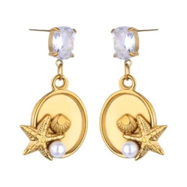 Imagem de Brincos De Aço Inoxidável Vintage Femininos Com Estrela-do-mar E Conch