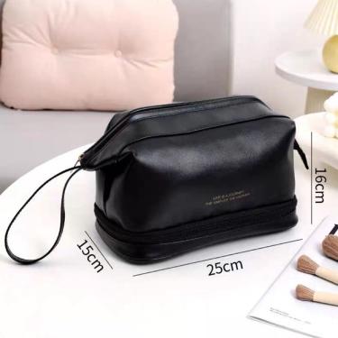 Imagem de Bolsa para Maquiagem de Couro Pu de Dois Andares para Cosméticos Grande Capacidade Preto Oem
