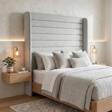 Imagem de Cabeceira Cama Casal King Duna 195cm Orgânica Curva Bouclê Cinza Claro - Montanari`s Decor