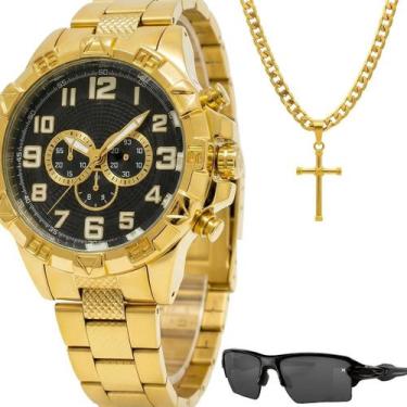Imagem de relogio masculino dourado + oculos sol 18k social casual aço inoxidáve