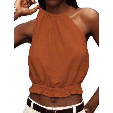 Imagem de Camiseta regata IDEALSANXUN de linho para mulheres vermelha tijolo - X