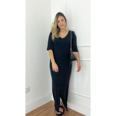 Imagem de Vestido longo, com manga curta, em viscose - Meu Fabricante, Preto, M