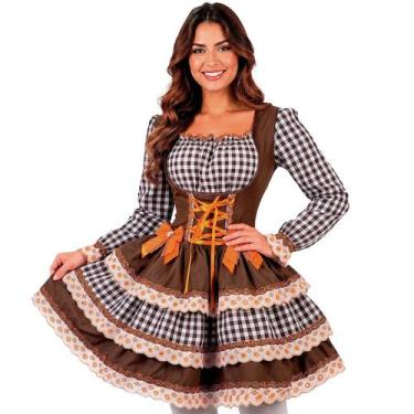 Imagem de Vestido Festa Junina Adulto Feminino Xadrez Manga Longa de Luxo Ajustá
