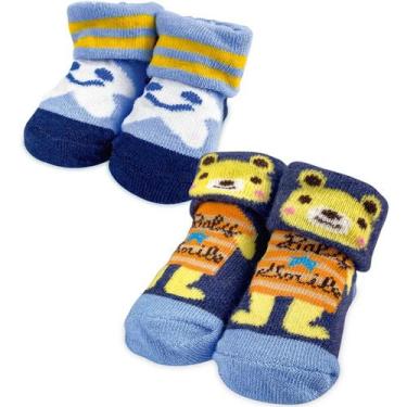 Imagem de Kit Presente 2 Par de Meia de Bebê RN 0 a 6m Menino Infantil Urso Estr