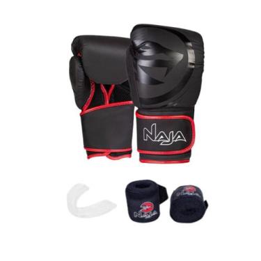 Imagem de Kit Boxe Muay Thai Naja Black Line + Luva + Bandagem + Bucal, Vermelho