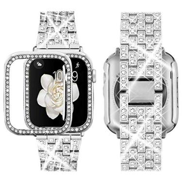 Imagem de Supoix Compatível com pulseira de relógio Apple 38 mm, 40 mm, 42 mm, 44 mm + capa, pulseira de metal com diamante brilhante e capa protetora de policarbonato macio para iWatch Series 5/4/3/2/1 (prata)