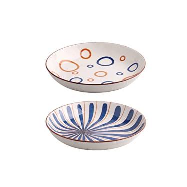 Imagem de Prato de massa, pratos de jantar de cerâmica chinesa para casa, redondo, porcelana, padrão geométrico, prato de prato com estampa de flores para micro-ondas/lava-louças (cor: E)