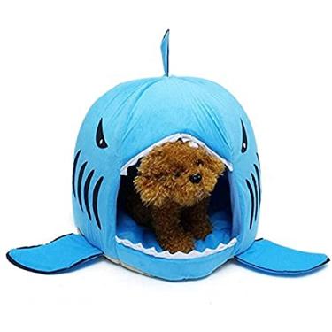 Imagem de Cama para cães e gatos, barraca coberta de tubarão, para animais de estimação pequenos, com almofada removível e parte inferior resistente à água (M-azul)