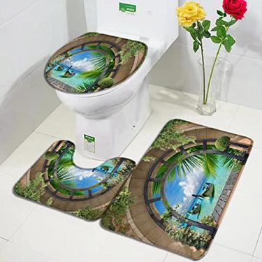 Imagem de Conjunto de tapetes de banho Palm Tree Beach Cenário do oceano Tapete de porta de flanela decoração de banheiro antiderrapante tapete de cobertura de vaso sanitário, 10349J, conjunto de 3 peças, 75x45cm, 29.5x17.7in