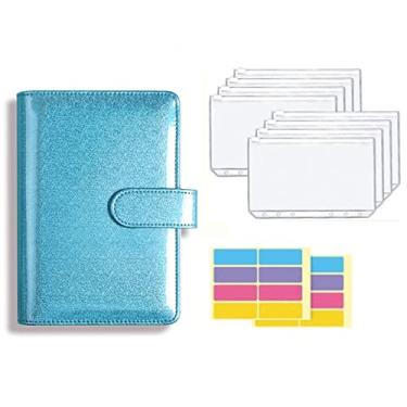 Imagem de A5 A6 Pasta de couro PU sistema de carteira de envelope de dinheiro com bolso de pasta de envelope de orçamento para orçamento, azul glitter, A6