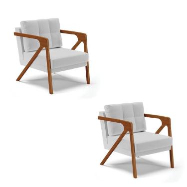 Imagem de Kit 02 Poltronas Linho Cinza A05 Base De Madeira Castanho