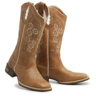 Imagem de Bota Texana Em Couro Caramelo Bordado Flor Feminino - Candieiros