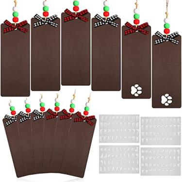 Imagem de 12 peças de etiquetas de nome de meia de madeira de natal etiqueta de nome de meia de madeira etiquetas de nome com contas de madeira laços xadrez de búfalo e 4 adesivos de letras para decoração de férias de Natal (contas multicoloridas)