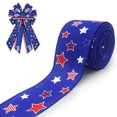 Imagem de Fita patriótica de juta de 4 de julho fitas de borda com fio vermelho azul branco estrelas fita listrada fitas de estrela para o dia da independência Memorial Day artesanato DIY decorações de embrulho de presente 6,3 cm x 10 jardas