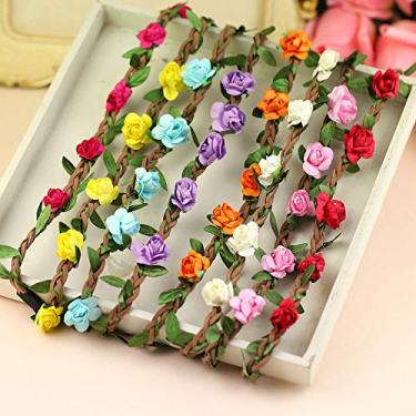 Imagem de Onwon 8 peças multicoloridas rosa flor faixa de cabeça coroa de flores boêmias com fita elástica, coroa floral faixa de cabelo para mulheres e meninas acessórios de cabelo