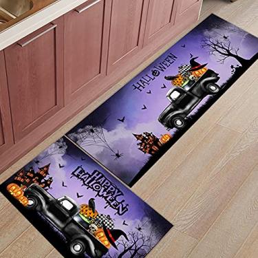 Imagem de Tapete de corredor de cozinha, Halloween caminhão abóbora morcego crânio fantasma web castelo preto roxo antiderrapante tapete tapete de porta tapete tapete tapete para lavanderia cabeceira banheiro quarto conjunto de 2