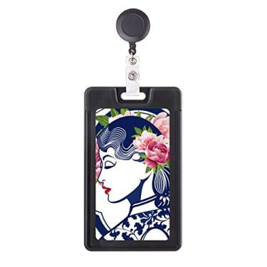 Imagem de Capa retrátil para cartão de carretel de crachá com beleza rosa da cultura chinesa