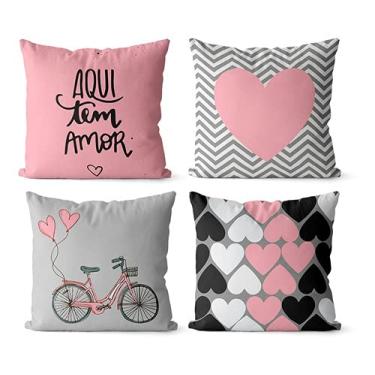 Imagem de Kit 4 capas de almofadas aqui tem amor rosa e preto 42x42