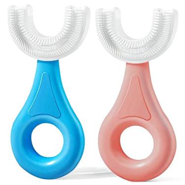 Imagem de Escova de dentes em forma de U, 2 peças, escova de dentes infantil com cabeça de escova de silicone macio de grau alimentício, escova de dentes manual de boca inteira para crianças de 2 a 6 anos, design de limpeza de dentes orais de 360°