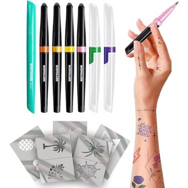 Imagem de BIC Pacote de expansão BodyMark Marcador de tatuagem temporário para pele, ponta de pincel premium, pacote com 6 unidades de cores e estênceis sortidas, uma caneta de retoque de borracha, conjunto de