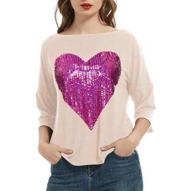 Imagem de PESION Camiseta feminina de manga 3/4 com lantejoulas, para o dia dos namorados, camiseta gráfica de coração com letras de amor, presente de dia dos namorados, Cáqui + coração rosa, 3G