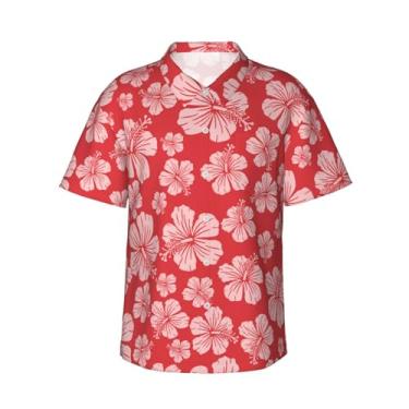 Imagem de Xiso Ver Camiseta masculina havaiana com flor de hibisco vermelho manga curta casual casual praia festa de verão na praia, Flor de hibisco vermelha, GG