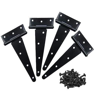 Imagem de 4 peças dobradiças de correia em T preta pesada dobradiças de portão para cercas de madeira ou portões de metal ferro à prova de ferrugem dobradiças de porta de celeiro (15 cm com parafusos)