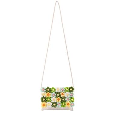Imagem de Ayliss Bolsa de mão feminina pequena bolsa de ombro de praia de verão em crochê de algodão linda bolsa de flores, Retângulo branco, One Size