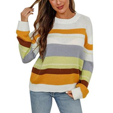 Imagem de Aniywn Suéter feminino 2024 primavera outono manga longa gola redonda listrado color block casual solto suéter pulôver pulôver tops, A3 - Amarelo, P