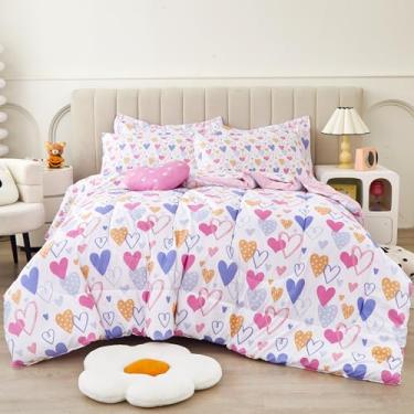 Imagem de Mooreeke Jogo de lençol casal com estampa de coração rosa, 8 peças, edredom com fronhas e almofadas decorativas, microfibra ultramacia