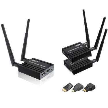 Imagem de RIJER Transmissor e receptor HDMI sem fio decodificação 4K, um transmissor e dois receptores, transmissão sem fio de longo alcance 200 m, plug-play, 2,4/5,8 G para PC/laptop/TV para monitor/projetor