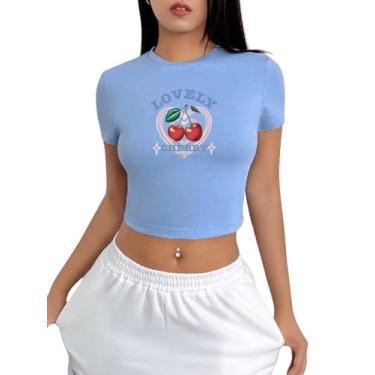 Imagem de SHENHE Camisetas femininas casuais de verão, vintage, estampadas, manga curta, caimento justo, Azul claro cereja, P