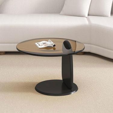 Imagem de Mesa de centro redonda de vidro para sala de estar, mesa final moderna de meados do século, mesa de centro com moldura de madeira natural e tampo de vidro temperado, mesa final minimalista p