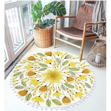 Imagem de Uphome Tapete redondo de outono para quarto, círculo, 1,8 m, tapetes de banheiro fofos com pompons, franjas florais, laváveis, tapetes antiderrapantes macios para pia em pó, entrada, sala de estar,