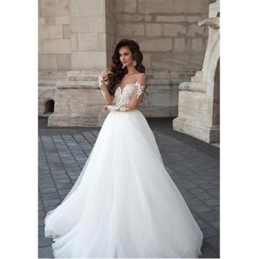 Imagem de Vestido De Noiva Peito Rendado Com Manga Longa Transparência - AUGUI N