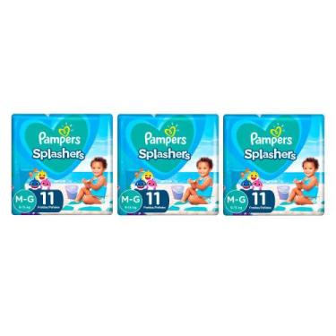 Imagem de Kit 3 Fralda Pampers Splashers Baby Shark Tamanho M/G com 11 Fraldas D