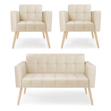 Imagem de Kit 1 Sofá Namoradeira E 2 Poltronas Elisa Corino Pés Palito Natural - D`rossi Cor Bege
