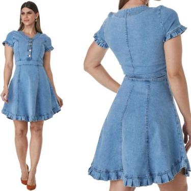 Imagem de Vestido HNO Jeans Midi Manga Curta Babados na Barra e Manga Azul, G