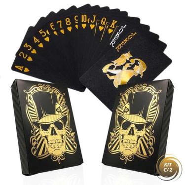 Imagem de Kit 02 Baralho Preto e Dourado Ouro Caveira Impermeável Skull Black Lu