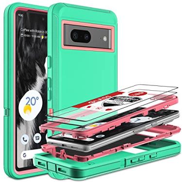 Imagem de HONG-AMY Capa para Google Pixel 7A, capa para Pixel 7A com 2 peças, protetor de tela de vidro temperado, 3 em 1, à prova de impacto, capa de proteção resistente para Google Pixel 7A 5G (azul aqua/rosa