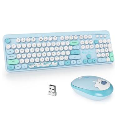Imagem de GTSP Combo teclado sem fio para máquina de escrever, teclado fofo 2,4 G teclado retrô de tamanho completo com teclas redondas para laptop, PC, desktops (azul)