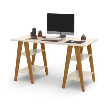 Imagem de Mesa Escrivaninha Cavalete 1,35x0,66 Tampo 30mm 4 Prateleiras Off Whit
