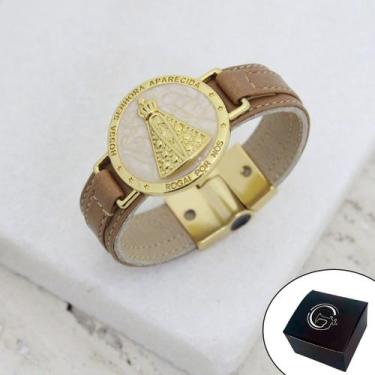 Imagem de Pulseira Couro Caramelo N Sra Aparecida Madrepérola - Granado Acessóri