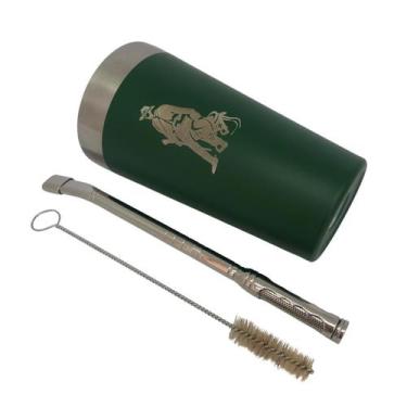 Imagem de Kit tereré copo cuia térmico parede dupla inox 500ml verde + bomba tel