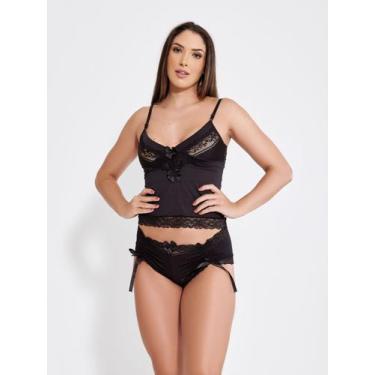 Imagem de Baby doll sexy sensual cropped com calcinha caleçon em renda transpare