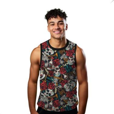 Imagem de Camiseta Algodão Regata Verão Estilo Moda Praia Caveiras Flores Rosas 