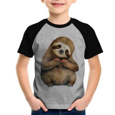Imagem de Camiseta Raglan Infantil Bicho Preguiça Coração - Foca na Moda, Cinza,