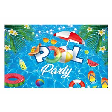 Imagem de Funnytree Pano de fundo de festa na piscina bolas de natação boia salva-vidas onda de água ondulação fundo havaiano crianças menino menina bolo de aniversário decoração de mesa banner retrato cabine fotográfica adereço selfie adereço suprimentos de presente